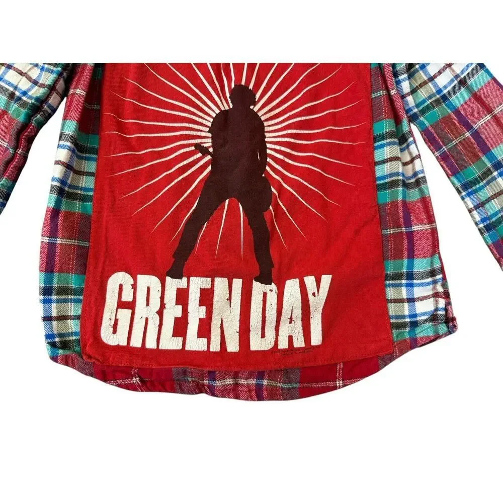 GREEN DAY 90s Punk Rock Retro Vintage Upcycled Plaid Flannel Kids Shirt Sz 7/8 S - Picture 8 of 11